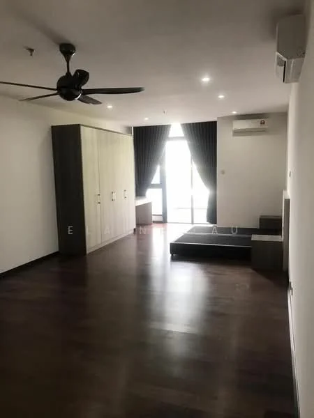 Room features: dark wood flooring, white painted walls, 5-blade ceiling fan, 1 wall-mounted split AC, floor-to-ceiling windows, blackout curtains, built-in wardrobe with sliding doors, minimalist furniture, sofa or seating area, natural light from window; style: modern.