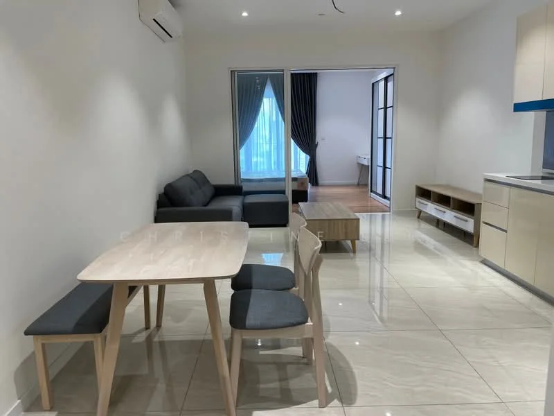 Living features: grey fabric L-shape sectional sofa, light wood coffee table, 6-seater dining table with light wood top, grey upholstered dining chairs, wall-mounted split AC, glossy beige tile flooring, white painted walls, floor-to-ceiling windows with sheer curtains, recessed downlights; style: modern.