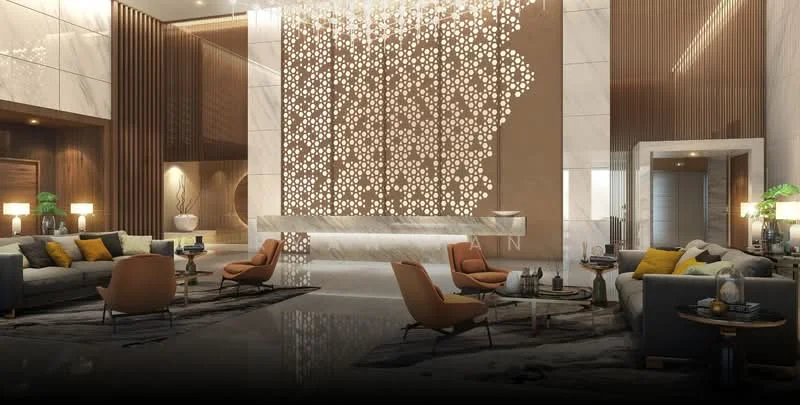 Living features: modern furniture, sofa set with cushions, accent chairs, coffee table, decorative wall panel, marble flooring, recessed lighting, floor-to-ceiling windows, decorative plants, artwork on walls, ambient lighting, area rug, side tables with lamps; style: modern.