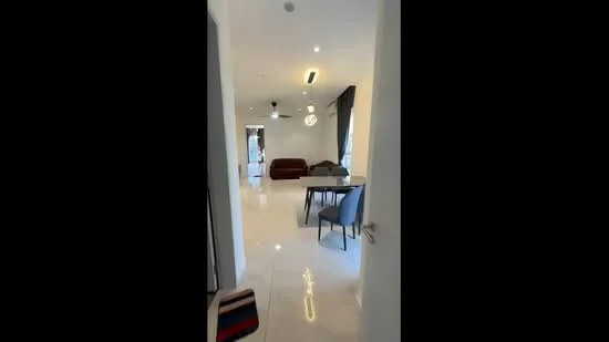 Living features: white painted walls, glossy tile flooring, 5-blade ceiling fan with light, recessed downlights, sofa in brown, dining table with four chairs, decorative pendant light, curtains in dark fabric; style: modern.