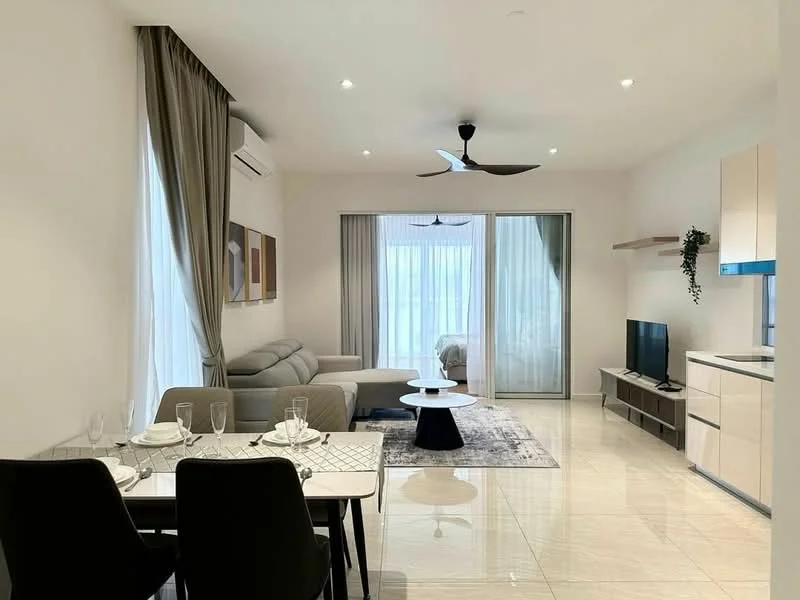 Living features: light grey fabric sofa, black ceiling fan with light, wall-mounted TV, TV console in light wood, coffee table in black and white, area rug with geometric pattern, floor-to-ceiling windows, sheer curtains, recessed ceiling lights, white painted walls, polished tile flooring; style: modern; view: garden. Dining features: 4-seater dining table, black dining chairs, table setting with plates and glasses, white cabinetry, open shelving, recessed lighting; style: modern.