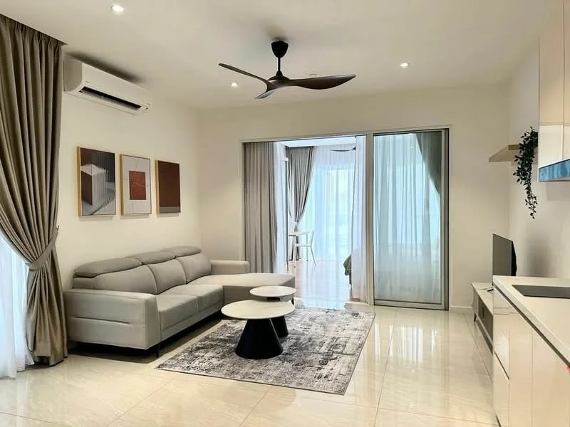 Living features: 3-seater fabric sofa in light grey, round coffee table with black base, area rug with geometric pattern, wall-mounted TV, floor-to-ceiling windows, sheer curtains, 5-blade ceiling fan with light, recessed downlights, cream painted walls, polished tile flooring, open layout to balcony, decorative wall art; style: modern.