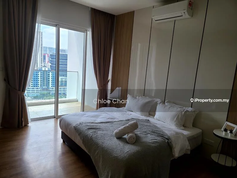 Bedroom features: king-size bed, upholstered headboard, white bedding, grey throw blanket, 2 white pillows, wooden flooring, floor-to-ceiling windows, curtains, wall-mounted split AC, balcony access, city view; style: modern; view: city.
