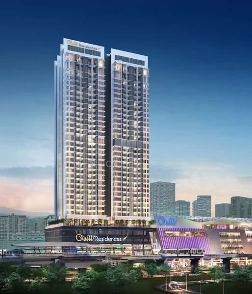 Exterior type: high-rise condominium; features: glass curtain wall, projecting balconies, feature lighting at night, multi-storey structure, commercial space at ground level, surrounded by urban landscape; style: modern.