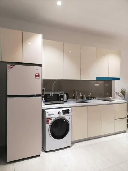 Kitchen features: cream cabinetry, white countertop, stainless-steel sink, chrome pull-down faucet, built-in microwave, freestanding fridge in beige, front-load washing machine, tile flooring, recessed downlights, grey backsplash; style: modern.