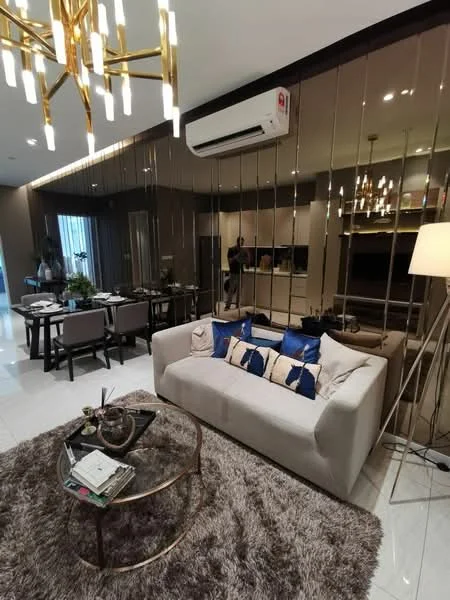 Living features: 3-seater fabric sofa in light grey, decorative cushions in blue and white, glass coffee table with metal frame, area rug with shaggy texture, wall-mounted air conditioning unit, recessed downlights, chandelier with multiple light sources, mirrored wall paneling, dining area with 6-seater dining table, floor-to-ceiling windows with sheer curtains; style: modern.