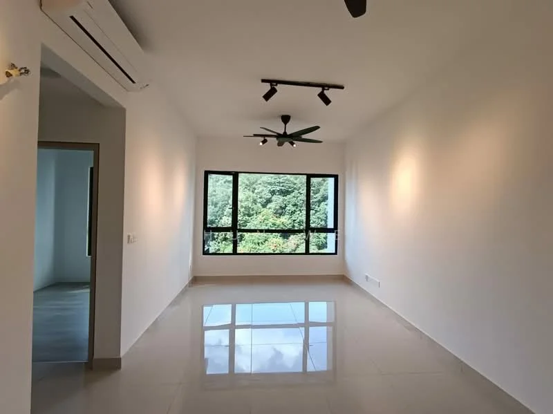 Living features: white painted walls, polished ceramic tile flooring, 5-blade ceiling fan in green, recessed LED downlights, large floor-to-ceiling windows, view of greenery; style: modern; view: garden.
