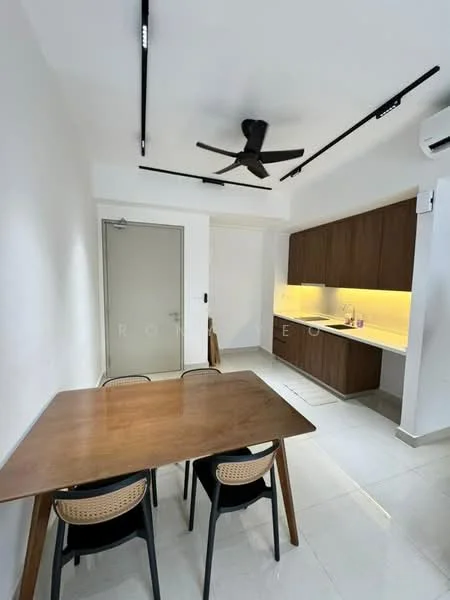 Dining features: 4-seater wooden dining table, black dining chairs with rattan backrest, white painted walls, recessed LED downlights, 5-blade ceiling fan, glossy tile flooring, kitchen cabinetry in dark wood, under-cabinet lighting, kitchen countertop with backsplash; style: modern.