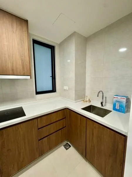 Kitchen features: brown wooden cabinetry, white quartz countertop, stainless-steel single-bowl sink, chrome pull-down faucet, built-in induction cooktop, grey tiled backsplash, white walls, tile flooring, window with black frame; style: modern.