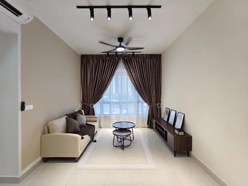 Living features: 3-seater fabric sofa in cream, 2-seater fabric sofa in brown, round coffee table with metal base, TV console with storage, wall-mounted TV, floor-to-ceiling window with sheer curtains, dark brown curtains, recessed LED downlights, 5-blade ceiling fan with light, light-colored tiled flooring, decorative wall art, area rug with geometric pattern; style: modern; view: city.