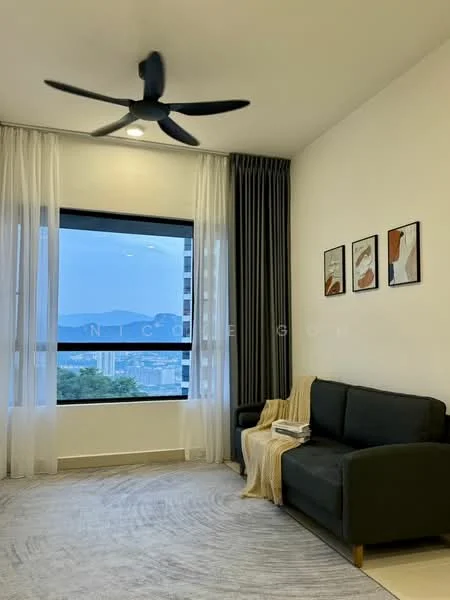 Living features: 3-seater fabric sofa in black, area rug with geometric pattern, 5-blade ceiling fan with integrated LED light, floor-to-ceiling windows, sheer curtains, blackout curtains, framed artwork on walls, decorative throw blanket, side table with magazines; style: modern; view: mountain.