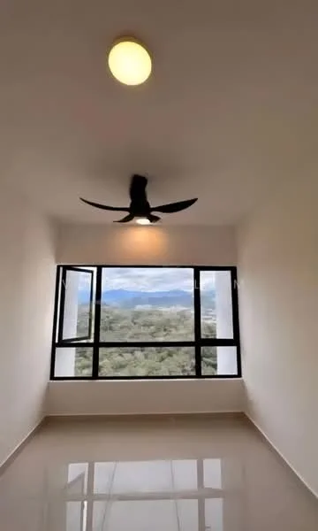 Room features: white painted walls, polished tile flooring, 5-blade ceiling fan with light, floor-to-ceiling windows, mountain view; style: modern; view: mountain.