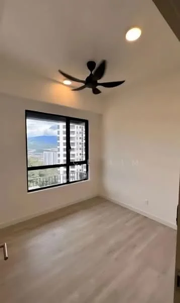 Room features: light wood flooring, white painted walls, 5-blade ceiling fan, large window with city view, recessed downlights; style: modern; view: city.