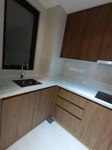 Kitchen features: L-shaped kitchen layout, brown wooden cabinetry, white quartz countertop, single-bowl stainless-steel sink, chrome pull-down faucet, built-in induction cooktop, tile backsplash, under-cabinet lighting, floor-to-ceiling window, light-colored tile flooring; style: modern.