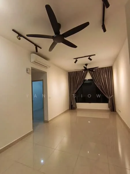 Living features: white painted walls, polished ceramic tile flooring, 5-blade ceiling fan with light, 5-blade ceiling fan with light, 5-blade ceiling fan with light, recessed downlights, floor-to-ceiling window, curtains in grey fabric, air conditioning unit; style: modern.