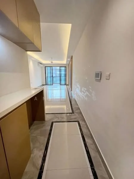 Room features: white painted walls, marble tile flooring, white ceiling with recessed lighting, built-in cabinetry in light wood, black and white tile border, large glass sliding door, air conditioning unit, wall-mounted thermostat; style: modern.
