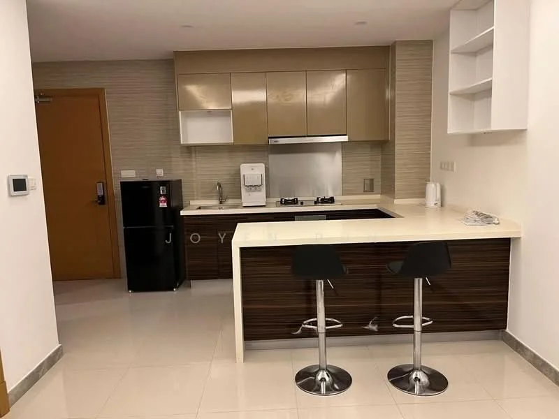 Kitchen features: brown and beige cabinetry, white countertop, stainless-steel sink, chrome pull-down faucet, built-in gas hob, built-in oven, black fridge, bar stools, tile backsplash, recessed downlights, white walls, ceramic tile flooring; style: modern.