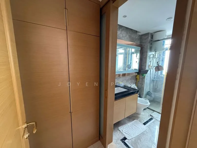 Bathroom features: wooden cabinetry, black countertop, mirror above sink, shower area with glass enclosure, toilet, towel rack, tile flooring, grey stone accent wall; style: modern. Room features: built-in wardrobe, wooden doors.