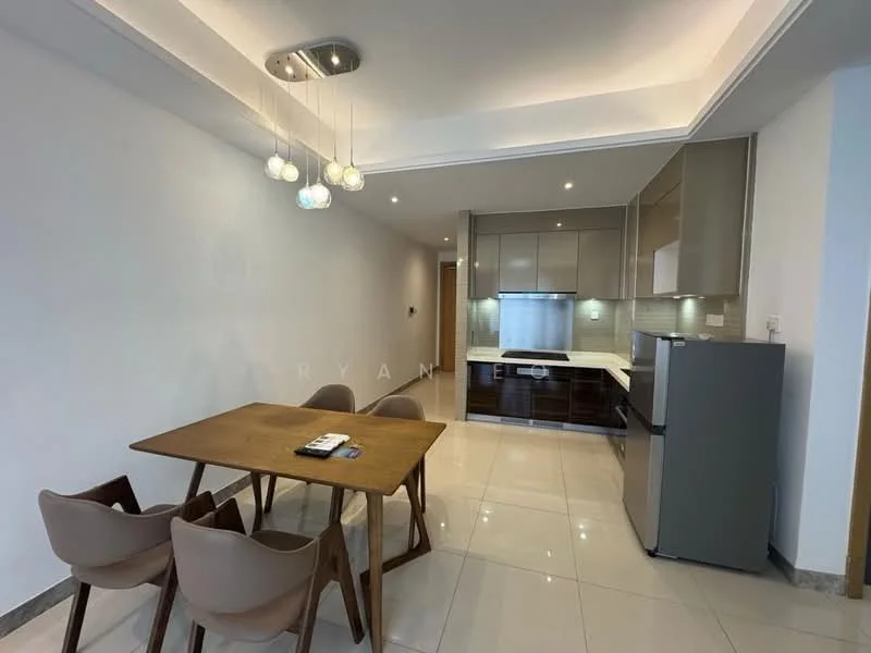Kitchen features: white cabinets, dark wood lower cabinets, stainless-steel refrigerator, built-in oven, ceramic cooktop, white quartz countertop, tile backsplash, pendant lighting, recessed downlights, dining table with four chairs, floor-to-ceiling windows, glossy tile flooring; style: modern.