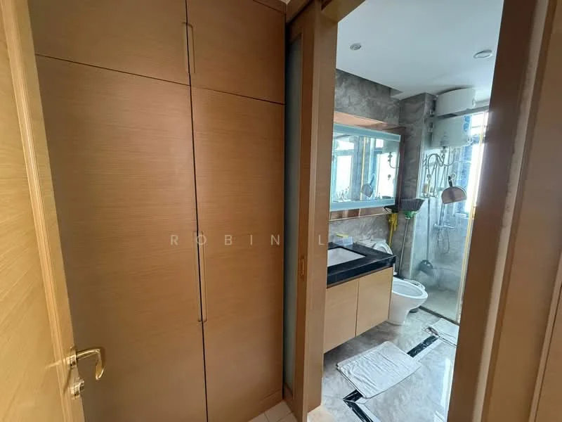 Bathroom features: wooden cabinetry, black countertop, mirror above sink, shower area with glass enclosure, toilet, towel rack, grey stone wall, marble flooring; style: modern. Room features: built-in wardrobe, wooden doors.