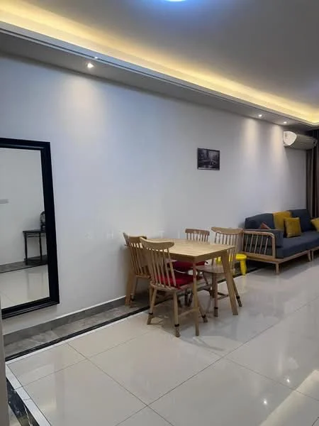 Living features: white painted walls, recessed LED downlights, grey sofa with yellow and grey cushions, wooden dining table with 4 wooden chairs, polished ceramic tile flooring, air conditioning unit, framed artwork on wall, mirror on wall; style: modern.