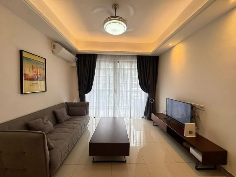 Living features: 3-seater fabric sofa in grey, wood coffee table, wall-mounted TV, TV console, floor-to-ceiling windows, sheer curtains, dark curtains, recessed downlights, ceiling fan, white painted walls, glossy tile flooring; style: modern.