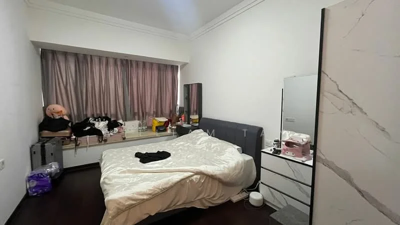 Bedroom features: queen-size bed with white bedding, wood flooring, white painted walls, large window with sheer curtains, built-in wardrobe with mirror, decorative wall mirror, bedside table, plush toys on window sill, various items on window ledge; style: modern.
