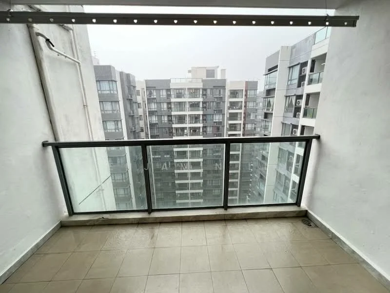 Balcony features: glass railing, tiled flooring, overhead lighting, attached to living room, view of adjacent buildings, concrete wall, sliding glass door access; style: modern; view: city.