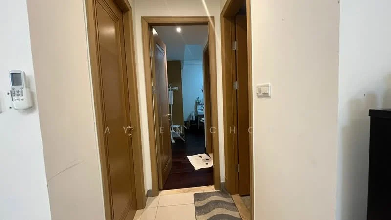 Room features: light-colored walls, tile flooring, wooden doors, door frames, recessed lighting, neutral color scheme, carpet runner, visible doorways; style: modern.