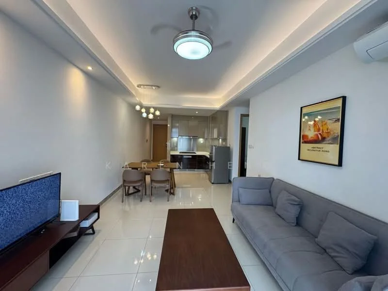 Living features: grey fabric sofa, wood coffee table, wall-mounted TV, TV console, 5-blade ceiling fan with light, recessed downlights, white painted walls, glossy tile flooring, dining table with four chairs, open layout to kitchen, decorative wall art; style: modern.