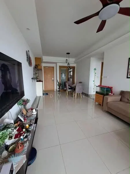 Living features: cream painted walls, white ceiling, large wall-mounted TV, 3-seater fabric sofa in beige, coffee table, decorative items on console table, floor-to-ceiling windows, tile flooring, 5-blade ceiling fan with light, dining table with chairs, doorway leading to other rooms; style: modern.