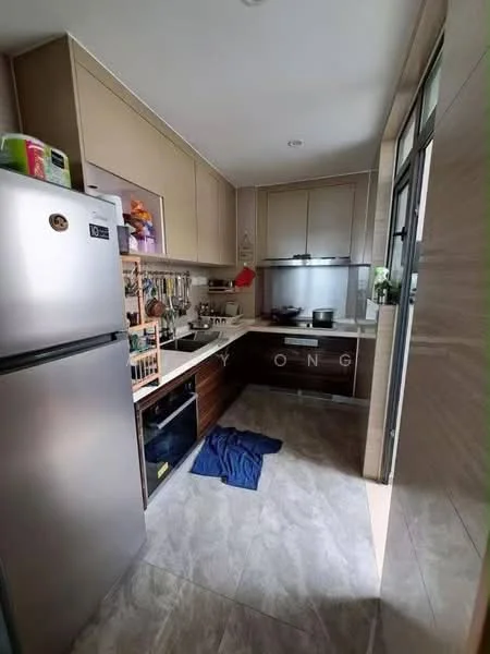 Kitchen features: stainless-steel fridge, built-in oven, 4-burner gas hob, granite countertop, wood cabinetry, tile backsplash, single-bowl stainless-steel sink, chrome pull-down faucet, ceramic tile flooring, recessed downlights, window with view, hanging pot rack, open shelving; style: modern.