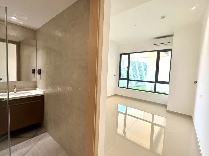 Bathroom features: single-sink vanity with wood cabinet, chrome basin mixer, framed mirror, tile flooring, grey wall tiles, light fixture, shower area with glass enclosure; style: modern. Living features: floor-to-ceiling windows, sliding glass door, white painted walls, light-colored tile flooring, air conditioning unit, natural light, open layout; style: modern.