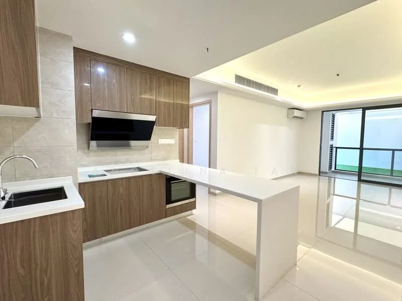 Kitchen features: white quartz countertop, wood cabinetry, stainless-steel sink, chrome pull-down faucet, built-in oven, induction cooktop, tile backsplash, recessed downlights, open layout, glossy tile flooring, floor-to-ceiling windows, sliding glass door, view of living area; style: modern; view: garden. Living features: glossy tile flooring, recessed downlights, air conditioning unit, floor-to-ceiling windows, sliding glass door, open layout; style: modern; view: garden.