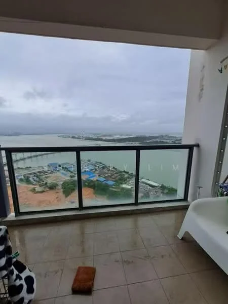 Room features: floor-to-ceiling windows, balcony, tile flooring, city view, sea view, glass railing; style: modern; view: sea.