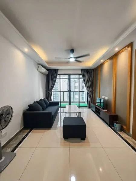 Living features: 3-seater fabric sofa in dark blue, glass coffee table, wall-mounted TV, TV console, floor-to-ceiling windows, sliding glass door, curtains, ceiling fan with light, marble tile flooring, white painted walls, decorative wall paneling, air conditioning unit; style: modern; view: city.