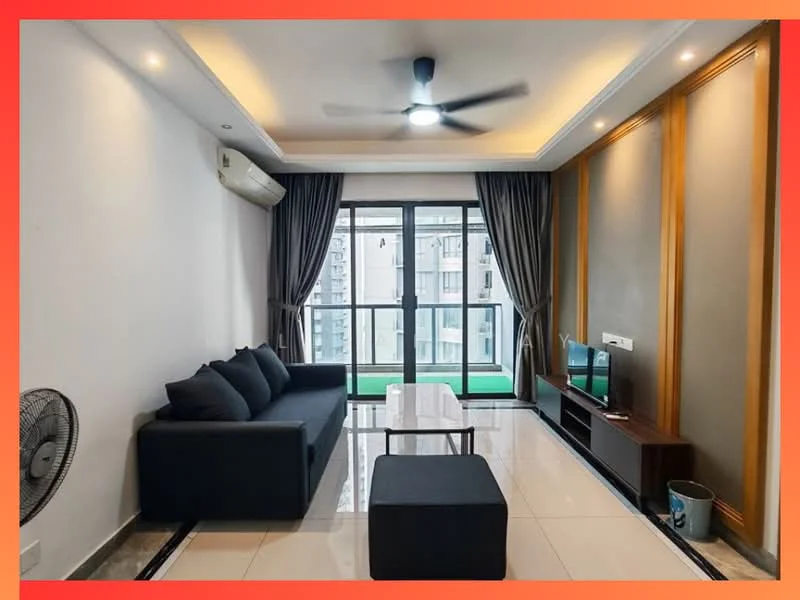 Living features: 3-seater fabric sofa in dark grey, coffee table, wall-mounted TV, TV console, floor-to-ceiling windows, curtains, ceiling fan, marble tile flooring, air conditioning unit, decorative wall paneling, wall sconce lighting; style: modern; view: city.