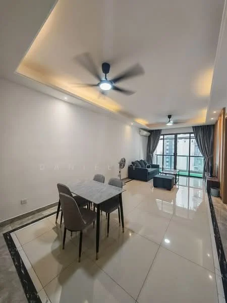 Living features: white painted walls, recessed ceiling with LED lighting, 5-blade ceiling fan with light, large sliding glass door, floor-to-ceiling windows, grey fabric sofa, dining table with four chairs, marble tile flooring, curtains, air conditioning unit; style: modern; view: city.