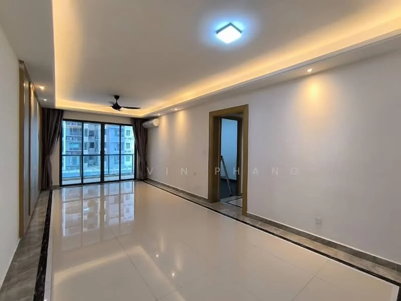 Living features: white painted walls, recessed ceiling with LED lighting, 5-blade ceiling fan, large sliding glass door, floor-to-ceiling windows, marble tile flooring, curtains, air conditioning unit; style: modern; view: city.