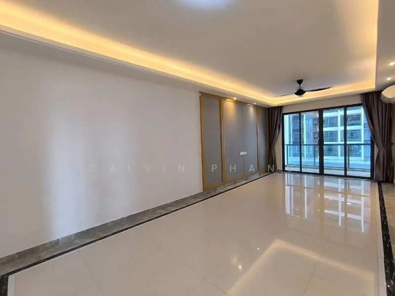Living features: white painted walls, marble tile flooring, recessed downlights, 5-blade ceiling fan, floor-to-ceiling windows, sliding glass door, grey curtains, decorative wall paneling, crown moulding; style: modern.