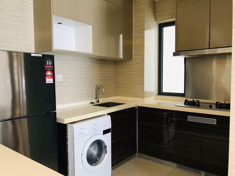 Kitchen features: dark wood cabinetry, light-colored countertop, stainless-steel sink, chrome faucet, built-in gas hob, stainless-steel range hood, black refrigerator, front-load washing machine, wall-mounted window, neutral tiled backsplash, ceramic tile flooring; style: modern.