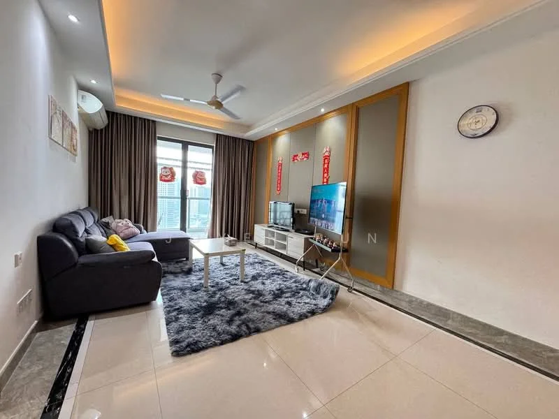 Living features: 3-seater fabric sofa in grey, coffee table, wall-mounted TV, TV console, area rug with geometric pattern, floor-to-ceiling windows, curtains, ceiling fan, recessed downlights, decorative wall clock, marble flooring, accent wall with wooden panels; style: modern; view: city.