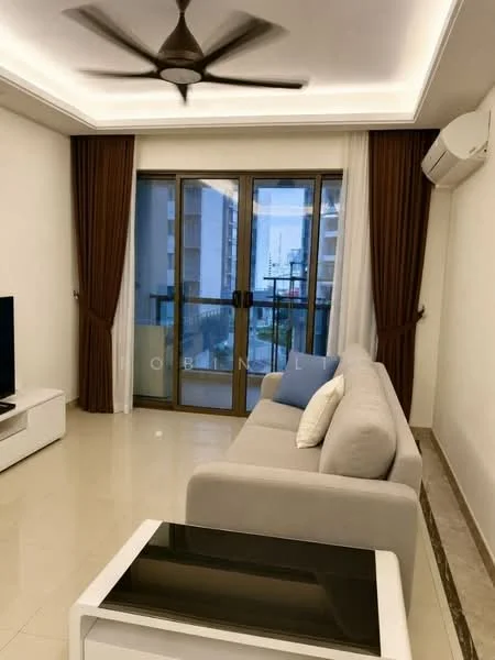 Living features: 3-seater fabric sofa in light grey, coffee table with black top, wall-mounted TV, floor-to-ceiling windows, sliding glass door, sheer curtains, dark brown curtains, ceiling fan with light, recessed LED downlights, cream painted walls, marble tile flooring, air conditioning unit; style: modern; view: city.