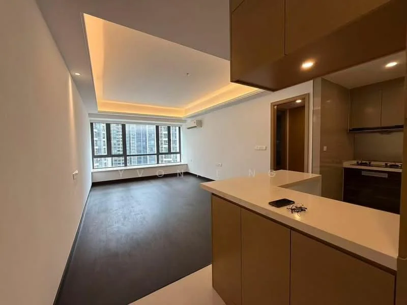 Living features: white painted walls, black vinyl plank flooring, tray ceiling with recessed lighting, floor-to-ceiling windows, wall-mounted split AC, open kitchen layout, kitchen island with countertop, kitchen cabinetry, stainless-steel gas hob, built-in oven; style: modern; view: city.