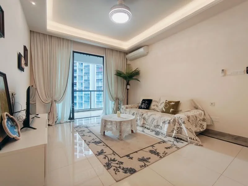 Living features: sofa with floral pattern, coffee table, area rug with floral pattern, floor-to-ceiling windows, curtains, wall-mounted TV, air conditioning unit, recessed downlights, white painted walls, glossy tile flooring; style: modern; view: city.