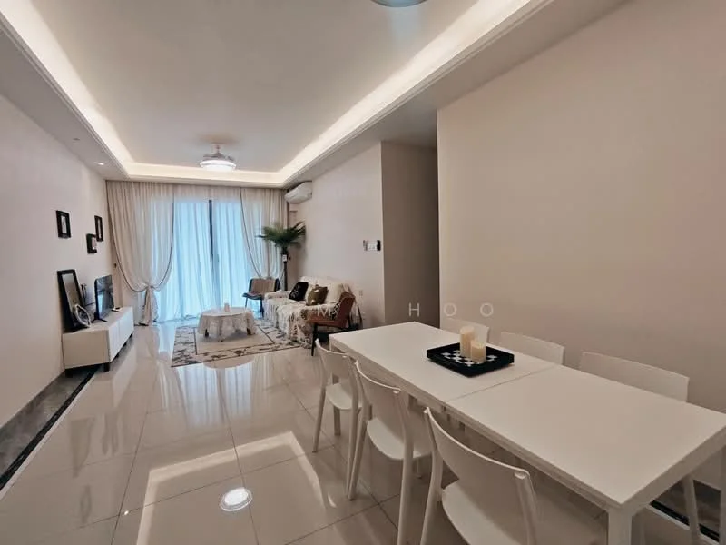 Living features: white painted walls, glossy tile flooring, recessed ceiling lights, 5-blade ceiling fan with light, floor-to-ceiling windows, sheer curtains, sofa in beige, coffee table, TV console, area rug with geometric pattern, dining table with 6 white chairs, decorative plants; style: modern; view: garden.