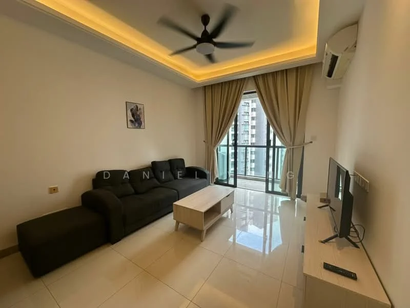 Living features: black fabric sofa, light wood coffee table, wall-mounted TV, floor-to-ceiling windows, sheer curtains, recessed downlights, ceiling fan, glossy tile flooring, air conditioning unit; style: modern; view: city.