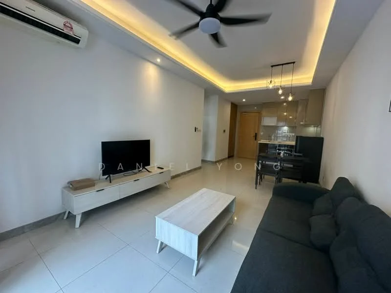 Living features: grey fabric sofa, white coffee table, wall-mounted TV, TV console in white, recessed LED downlights, ceiling fan, air conditioning unit, dining table with chairs, open kitchen area, white tiled flooring, neutral painted walls, wooden door, pendant lighting; style: modern.