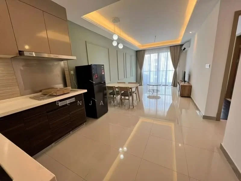 Kitchen features: brown cabinetry, white countertop, stainless-steel sink, built-in stove, stainless-steel range hood, black refrigerator; style: modern. Living features: dining table with four chairs, floor-to-ceiling windows, curtains, recessed lighting, polished tile flooring, light-colored walls, wooden side table; style: modern.
