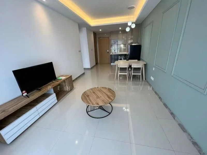 Living features: white painted walls, recessed ceiling with LED lighting, glossy tile flooring, wall-mounted TV, wooden TV console, round coffee table, dining table with chairs, open layout to kitchen, large windows for natural light; style: modern. Kitchen features: kitchen cabinetry, stainless-steel fridge, countertop, open-plan layout; style: modern.